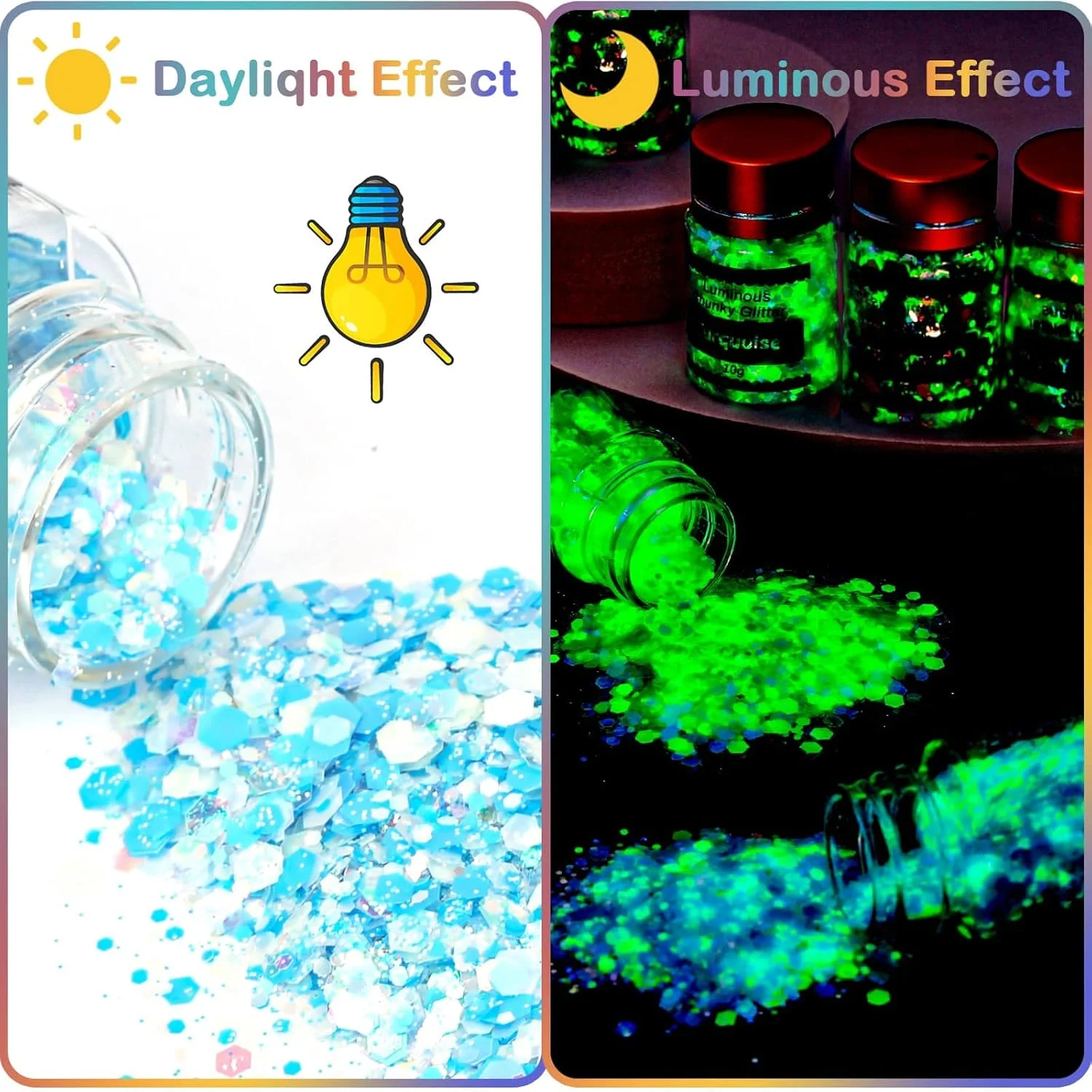 اکلیل درخشان شب‌تاب Cridoz برای ناخن، 15 رنگ اکلیل پودری درخشان برای آرایش چشم، صورت، بدن، مو و رزین (150 گرم)
