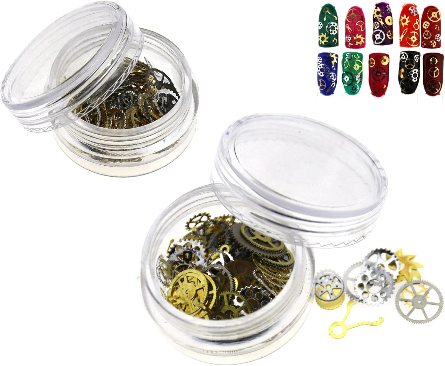 تزئینات ناخن طرح چرخ دنده استیم پانک طلایی