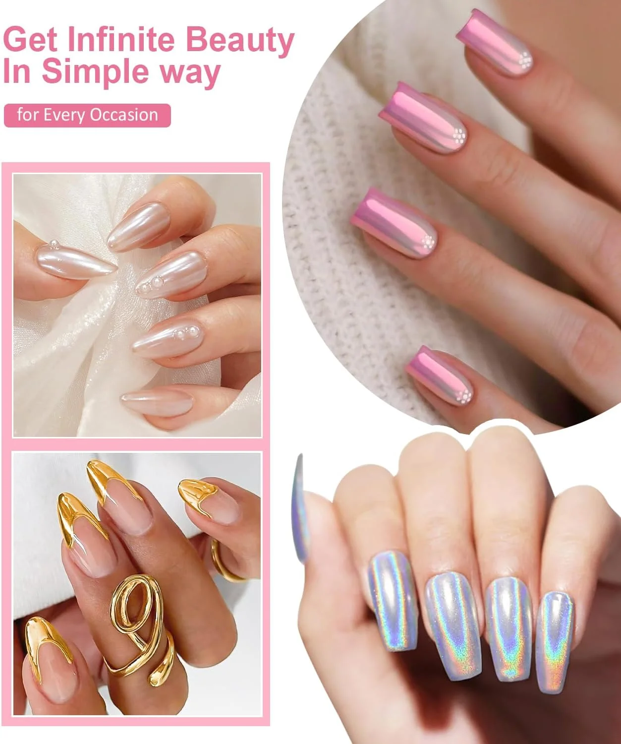 پودر ناخن کروم مرواریدی: درخشش فوق العاده آینه ای ناخن، پودر اثر آینه ای هولو متال برای لاک ژل، پودر مرواریدی رنگین کمانی طلایی کروم، تزئین ناخن سالن DIY