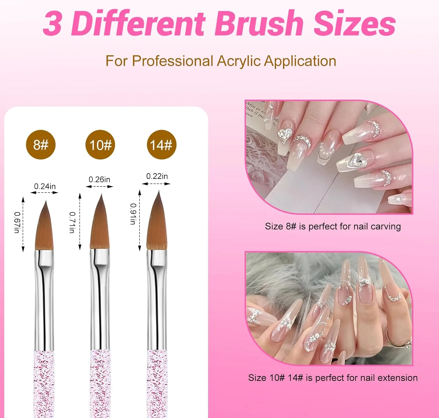 ست ۳ عددی قلم موی اکریلیک برای ناخن، قلم موی طراحی ناخن، قلم موی طراحی ناخن برای ژل ناخن، پودر اکریلیک، ژل یو وی، سایز 8/10/14، دسته اکلیلی صورتی، برای مانیکور DIY، ست هدیه برای زنان و مبتدیان