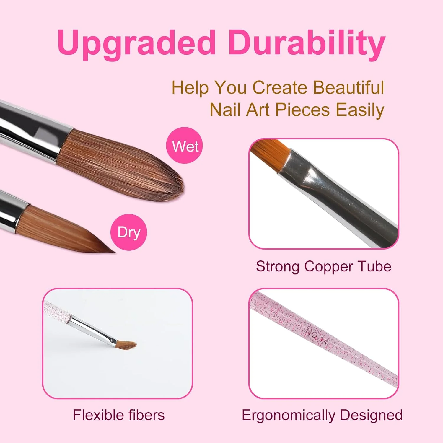 ست ۳ عددی قلم موی اکریلیک برای ناخن، قلم موی طراحی ناخن، قلم موی طراحی ناخن برای ژل ناخن، پودر اکریلیک، ژل یو وی، سایز 8/10/14، دسته اکلیلی صورتی، برای مانیکور DIY، ست هدیه برای زنان و مبتدیان