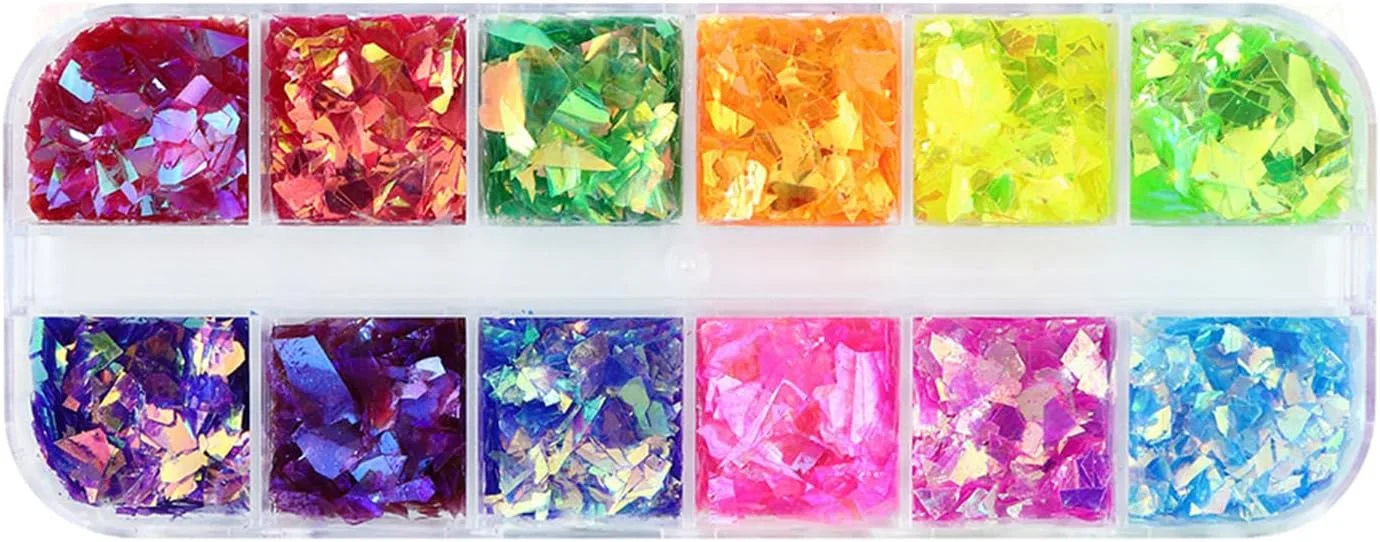 اکلیل ناخن هولوگرافیک سه بعدی، پولک های بزرگ نامنظم، لوازم تزیین ناخن برای بانوان