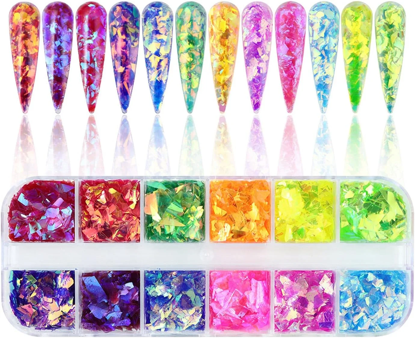 اکلیل ناخن هولوگرافیک سه بعدی، پولک های بزرگ نامنظم، لوازم تزیین ناخن برای بانوان