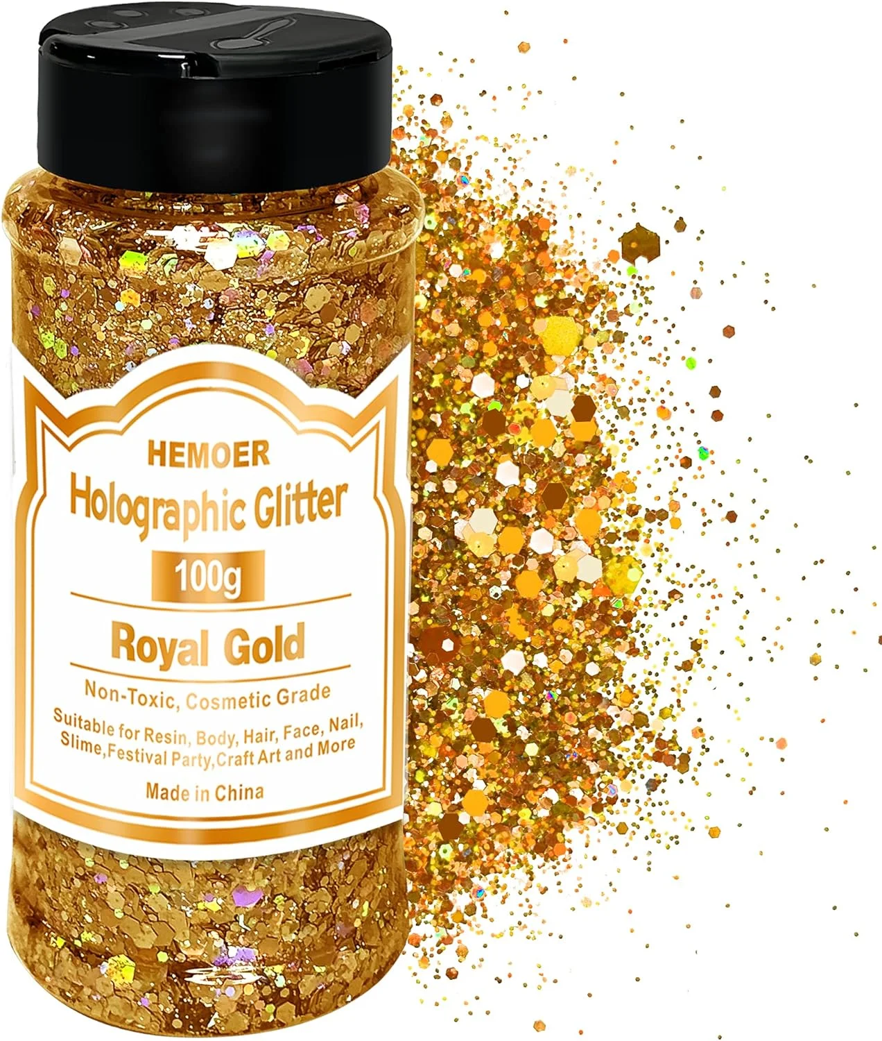 اکلیل هولوگرافیک درشت 100 گرمی، پولک های رزینی اکلیلی شش ضلعی مخلوط برای اپوکسی، هنر رزین، بدن، مو، صورت، ناخن، اسلایم، لیوان، مهمانی و جشنواره - طلایی سلطنتی