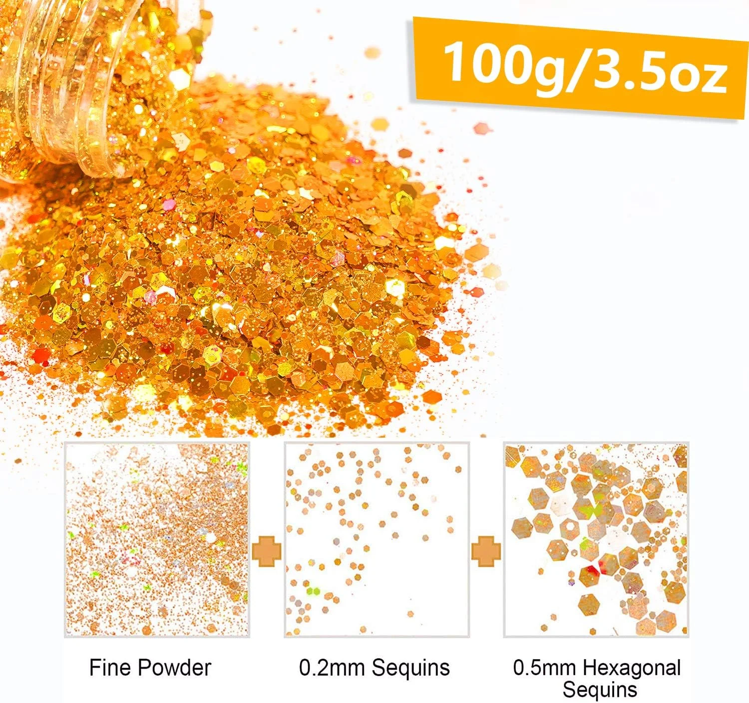 اکلیل هولوگرافیک درشت 100 گرمی، پولک های رزینی اکلیلی شش ضلعی مخلوط برای اپوکسی، هنر رزین، بدن، مو، صورت، ناخن، اسلایم، لیوان، مهمانی و جشنواره - طلایی سلطنتی