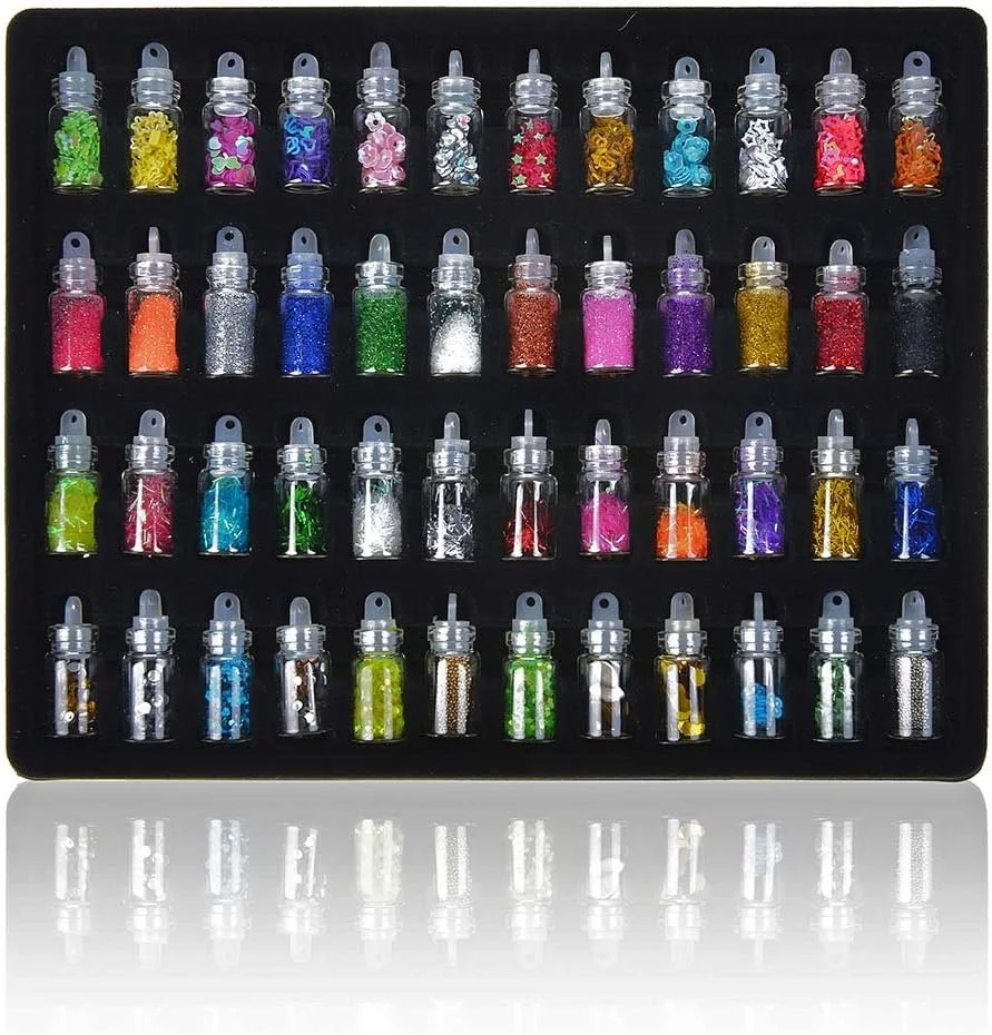 مجموعه ۴۸ عددی بطری های شیشه ای نگین دار طرح دار مناسب طراحی ناخن - رنگ های متنوع