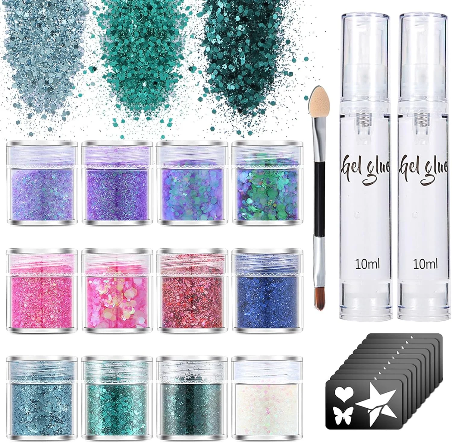 اکلیل صورت جشن برای جشن ها، کیت اکلیل صورت 12 رنگ با چسب ژله ای، برس و استیکرهای خالکوبی، لوازم جانبی اکلیل بدن پولکی درشت، پولک های آرایشی برای بدن، مو، ناخن