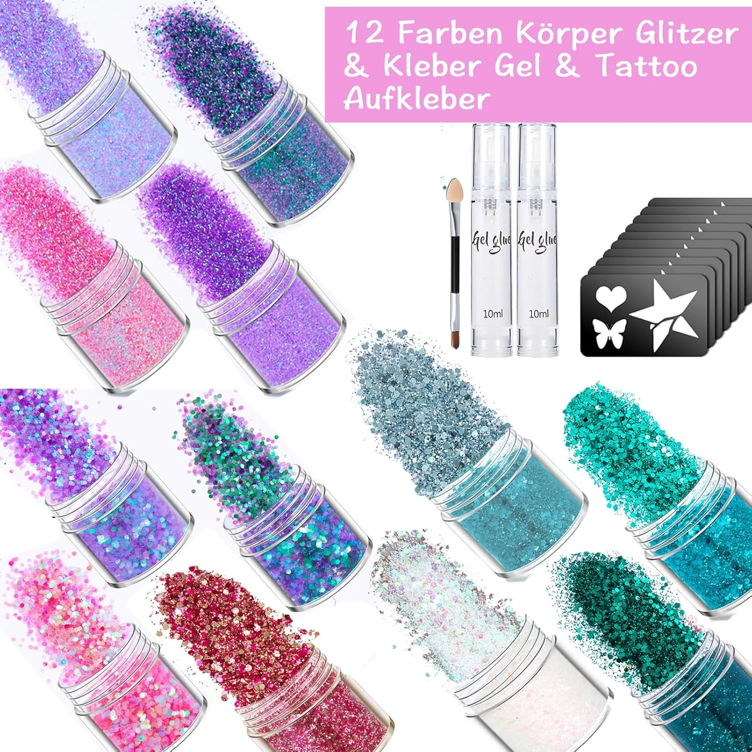 اکلیل صورت جشن برای جشن ها، کیت اکلیل صورت 12 رنگ با چسب ژله ای، برس و استیکرهای خالکوبی، لوازم جانبی اکلیل بدن پولکی درشت، پولک های آرایشی برای بدن، مو، ناخن