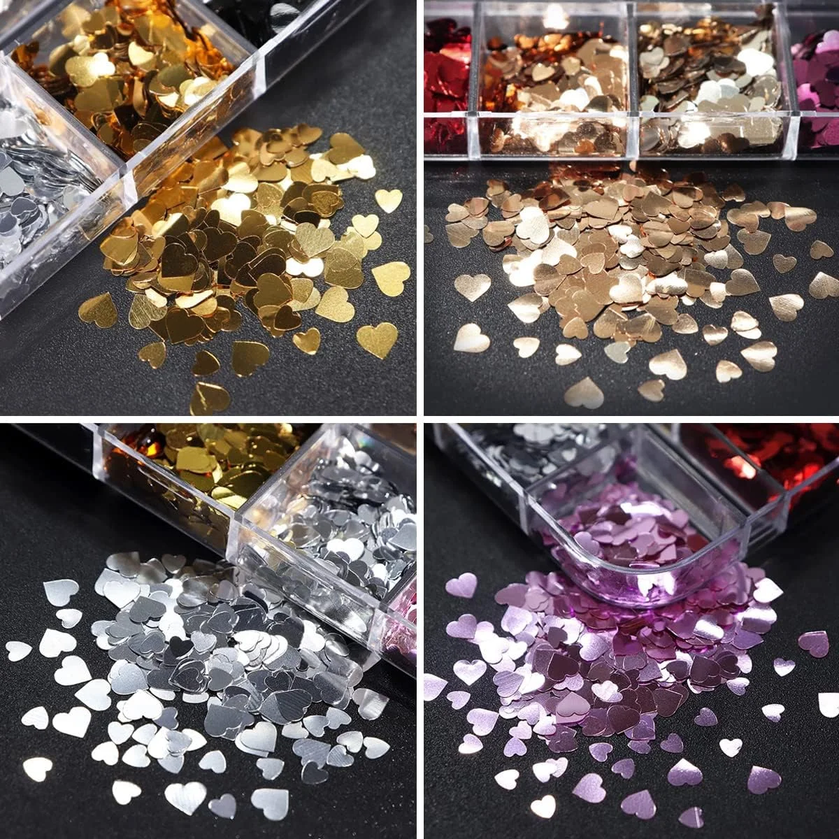 نگین ناخن طرح قلب سه بعدی 12 خانه ای، اکلیل لیزری هولوگرافیک، پولک ناخن طرح قلب عشق، اکلیل طلایی، قرمز، مشکی و نقره ای برای تزئین ناخن