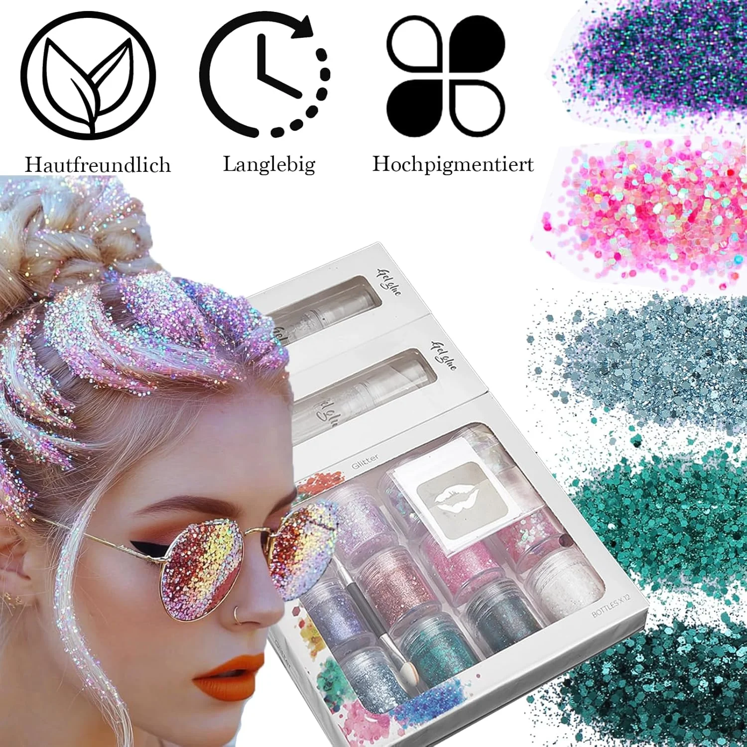 اکلیل صورت جشن برای جشن ها، کیت اکلیل صورت 12 رنگ با چسب ژله ای، برس و استیکرهای خالکوبی، لوازم جانبی اکلیل بدن پولکی درشت، پولک های آرایشی برای بدن، مو، ناخن