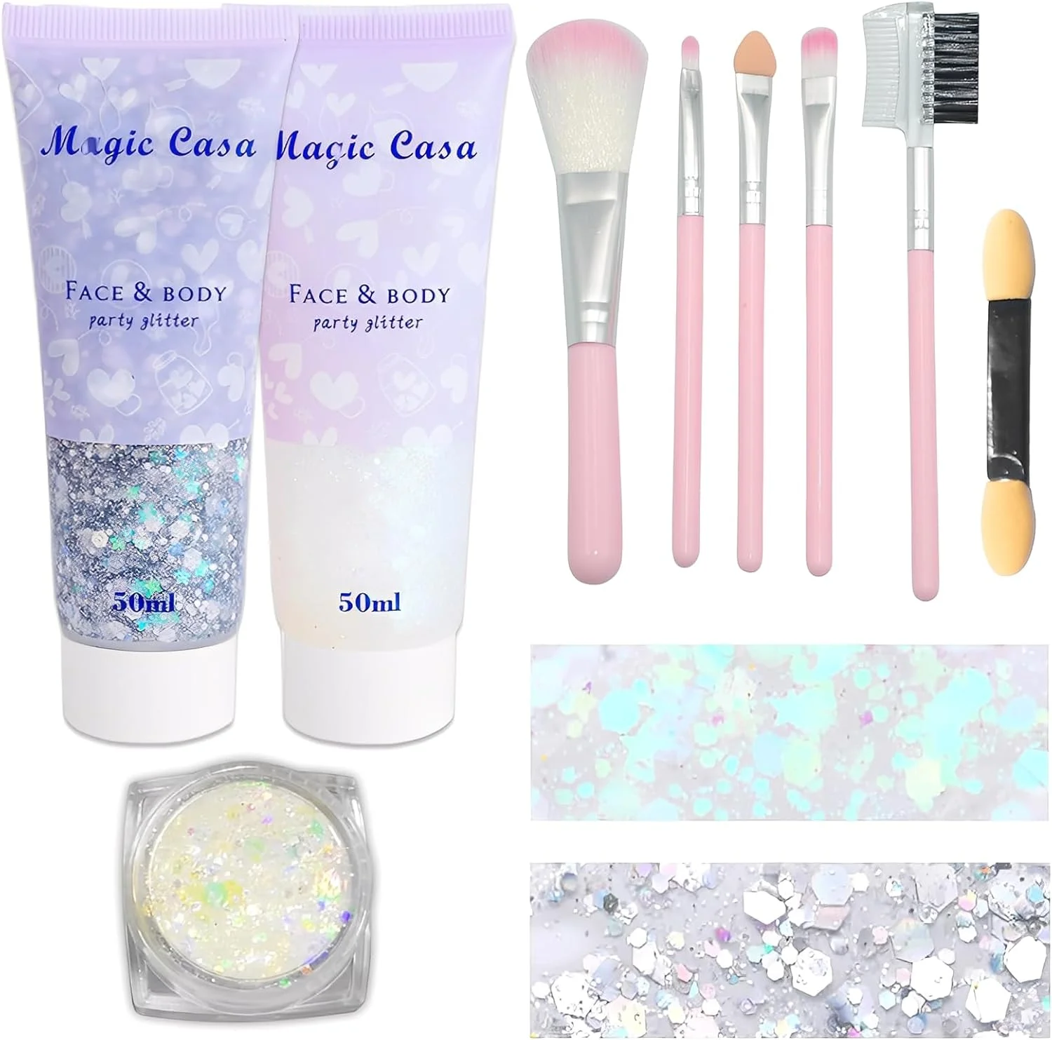 مجموعه ژل اکلیلی بدن 3 عدد 50 میلی لیتری با 5 عدد برس و 1 عدد برس سایه چشم، اکلیل صورت فستیوالی، اکلیل صورت برای فستیوال، برای آرایش صورت، مو، لب، ناخن، لوازم آرایشی مهمانی