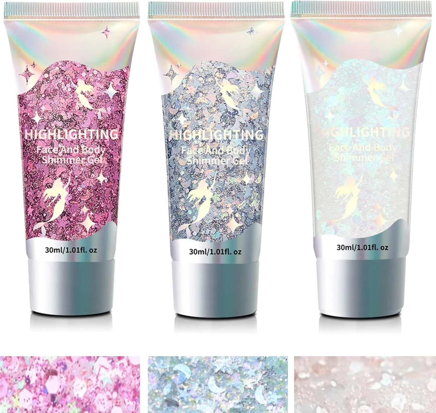 ژل اکلیلی بدن نالاکال، ژل اکلیلی صورت پری دریایی، لوازم جانبی کنسرت خوانندگان و جشن ها، پولک های درشت اکلیلی رنگ صورت برای چشم لب مو، ژل اکلیلی درخشان برای زنان (صورتی+سفید+نقره ای)