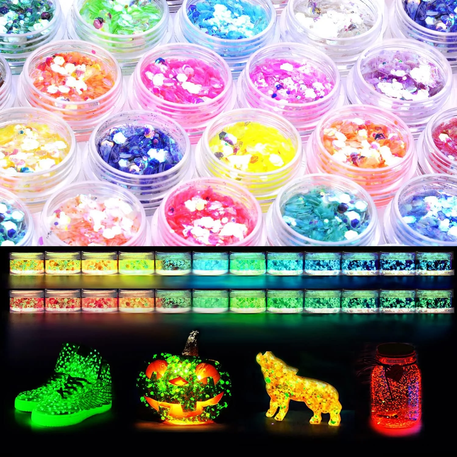 اکلیل شب تاب ۲۴ رنگ، اکلیل درشت شب تاب، اکلیل با درخشندگی بالا مناسب آرایشی، ست اکلیل هنری برای رزین، ناخن، بدن، صورت، اسلایم، لیوان و کریسمس