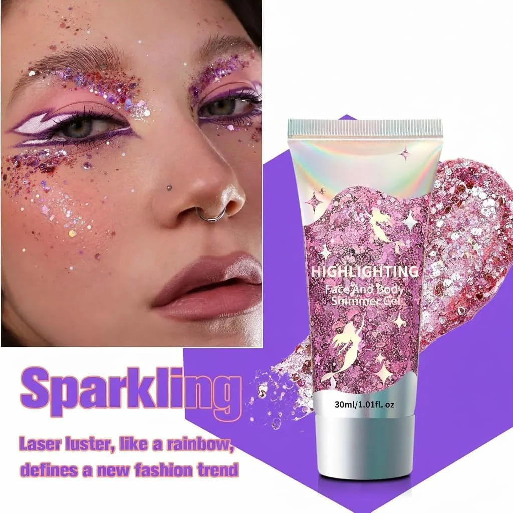 ژل اکلیلی بدن نالاکال، ژل اکلیلی صورت پری دریایی، لوازم جانبی کنسرت خوانندگان و جشن ها، پولک های درشت اکلیلی رنگ صورت برای چشم لب مو، ژل اکلیلی درخشان برای زنان (صورتی+سفید+نقره ای)