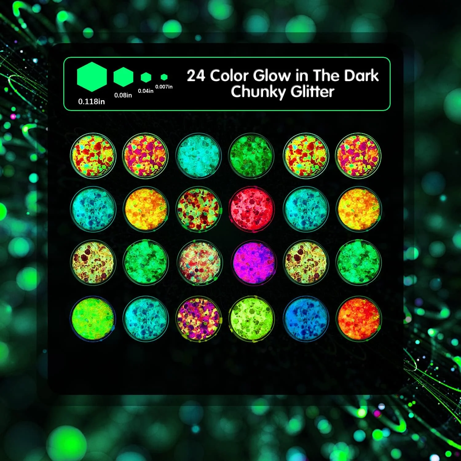 اکلیل شب تاب ۲۴ رنگ، اکلیل درشت شب تاب، اکلیل با درخشندگی بالا مناسب آرایشی، ست اکلیل هنری برای رزین، ناخن، بدن، صورت، اسلایم، لیوان و کریسمس