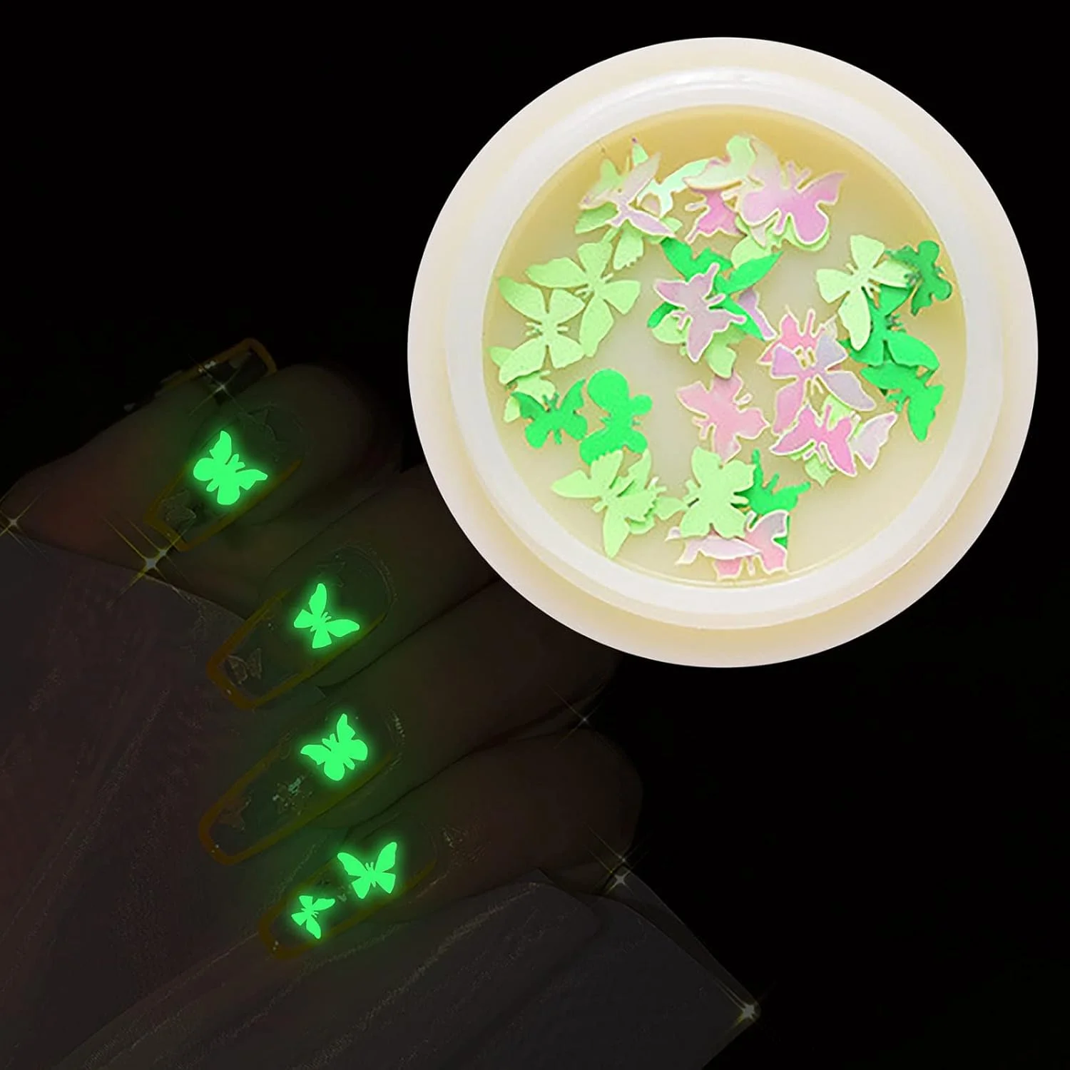 اکلیل ناخن طرح پروانه شب تاب - پولک های پروانه ای، اکریلیک، اکلیل هولوگرافیک درخشان برای تزئین ناخن (سبز)