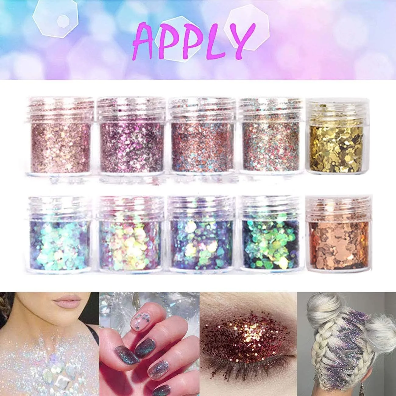 ست 10 تایی اکلیل صورت و بدن ورلدفان، اکلیل های درشت آرایشی، پولک های اکلیلی تزئینی، اکلیل مو و ناخن برای جشن ها و کریسمس - به همراه 5 برس رایگان (مجموعه 1)