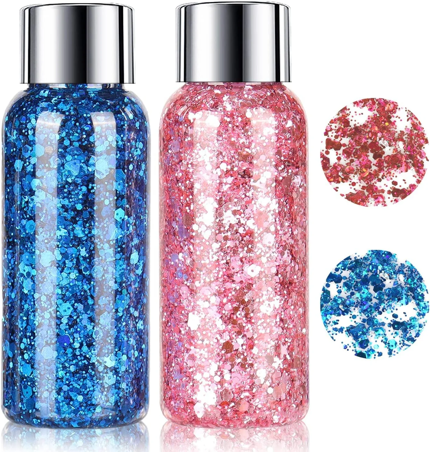 ژل اکلیلی بدن MAKINGTEC، 2 عدد پولک اکلیلی، سایه چشم مایع اکلیلی درشت با ماندگاری طولانی، اکلیل های پولکی درشت براق برای آرایش مو، مهمانی، کارناوال (آبی + صورتی)