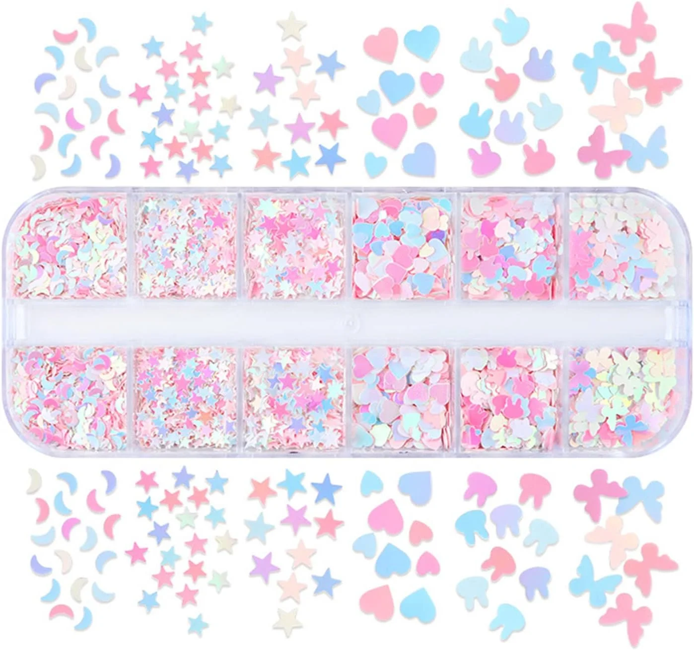 یک جعبه اکلیل ناخن طرح ستاره و ماه مخلوط، پولک های ستاره ای شکل، تزئینات ناخن PET در 12 خانه