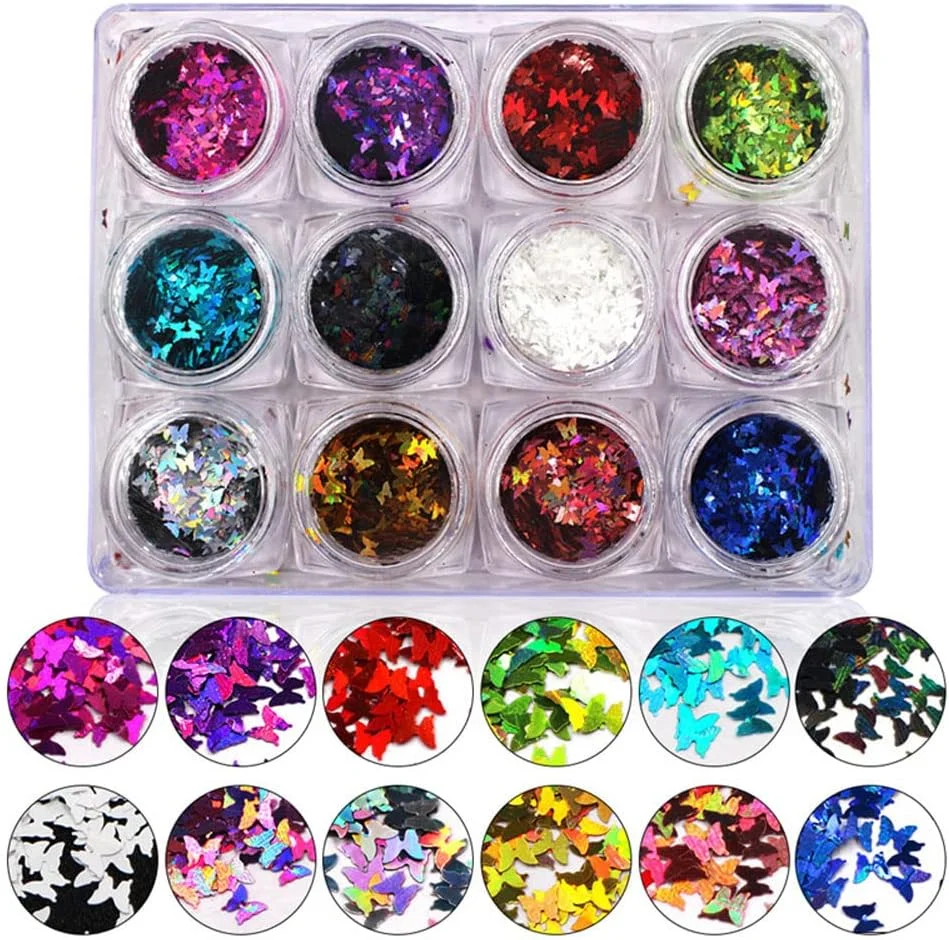 پولک های پروانه ای لیزری هولوگرافیک طراحی ناخن مسیون، پولک های اکریلیک براق سه بعدی، برچسب های تزئینی مانیکور، 12 رنگ پولک های پروانه ای لیزری هولوگرافیک طراحی ناخن مسیون، پولک های اکریلیک براق سه بعدی، برچسب های تزئینی مانیکور، 12 رنگ