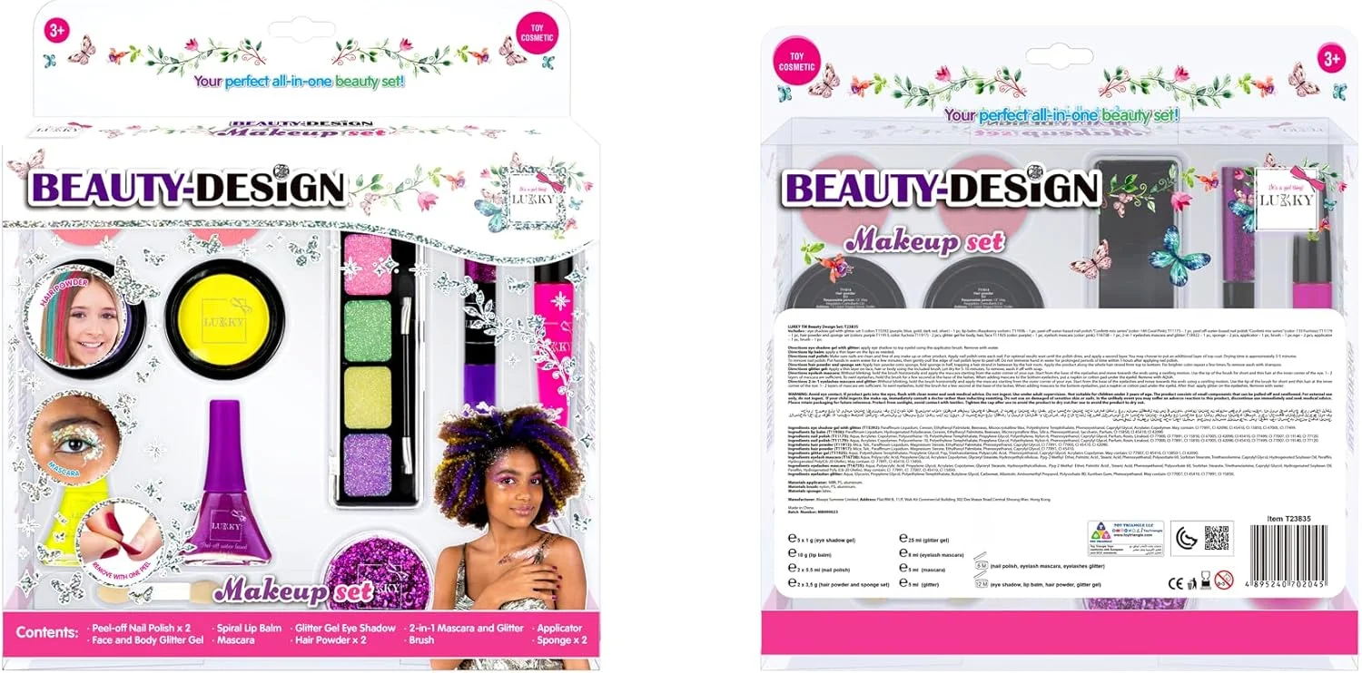 ست طراحی آرایشی لوکی همه در یک - مجموعه ۱۳ عددی لوازم آرایش برای دختران، شامل ژل سایه چشم، بالم لب، لاک ناخن، پودر مو، اکلیل و لوازم جانبی، لوازم آرایشی اسباب بازی برای ۳ سال به بالا