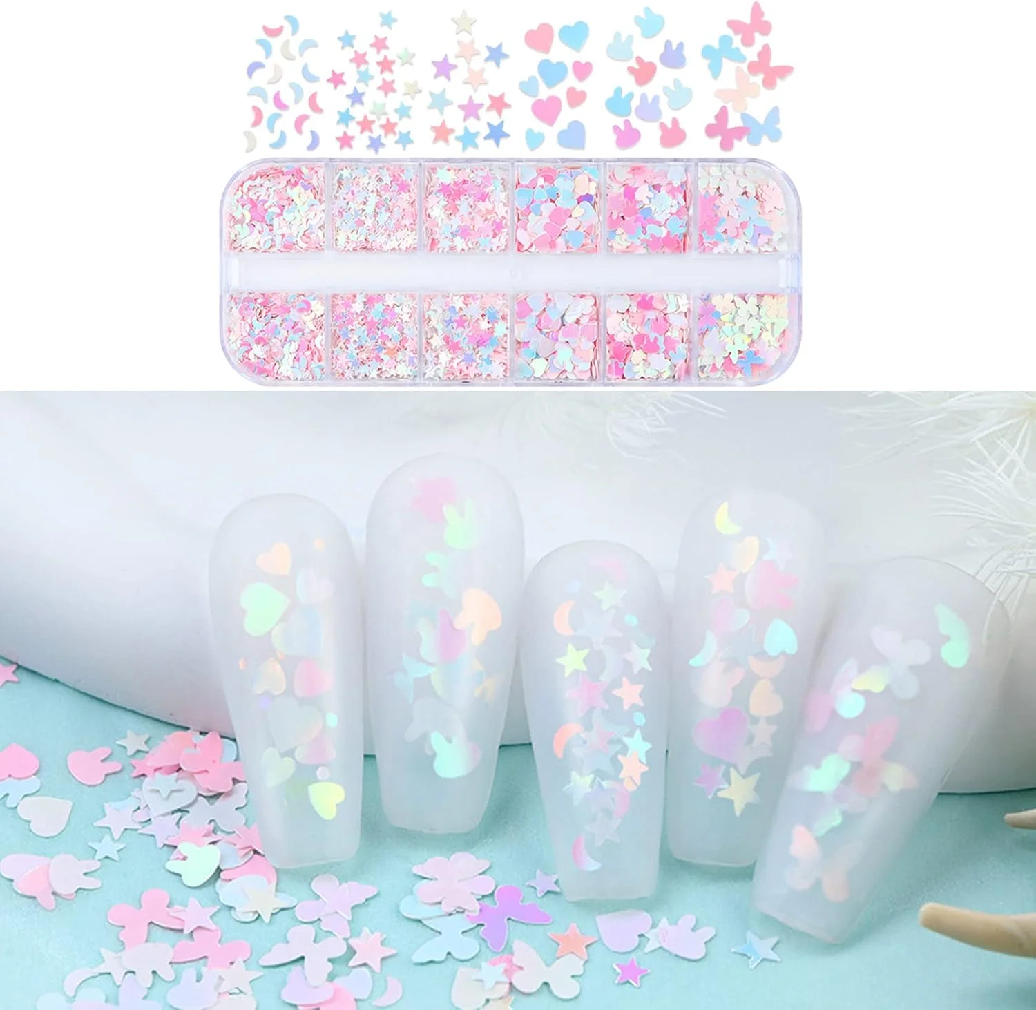 یک جعبه اکلیل ناخن طرح ستاره و ماه مخلوط، پولک های ستاره ای شکل، تزئینات ناخن PET در 12 خانه