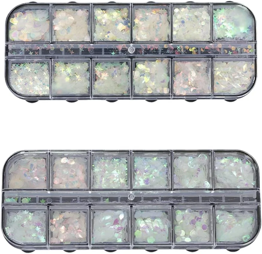 پولک ناخن 2 عددی، اکلیل هنری ناخن، پولک های درخشان فوق العاده نازک رنگین کمانی طرح قلب پروانه صورت خندان ستاره گرد برچسب های اکلیلی برای تزئین هنر ناخن