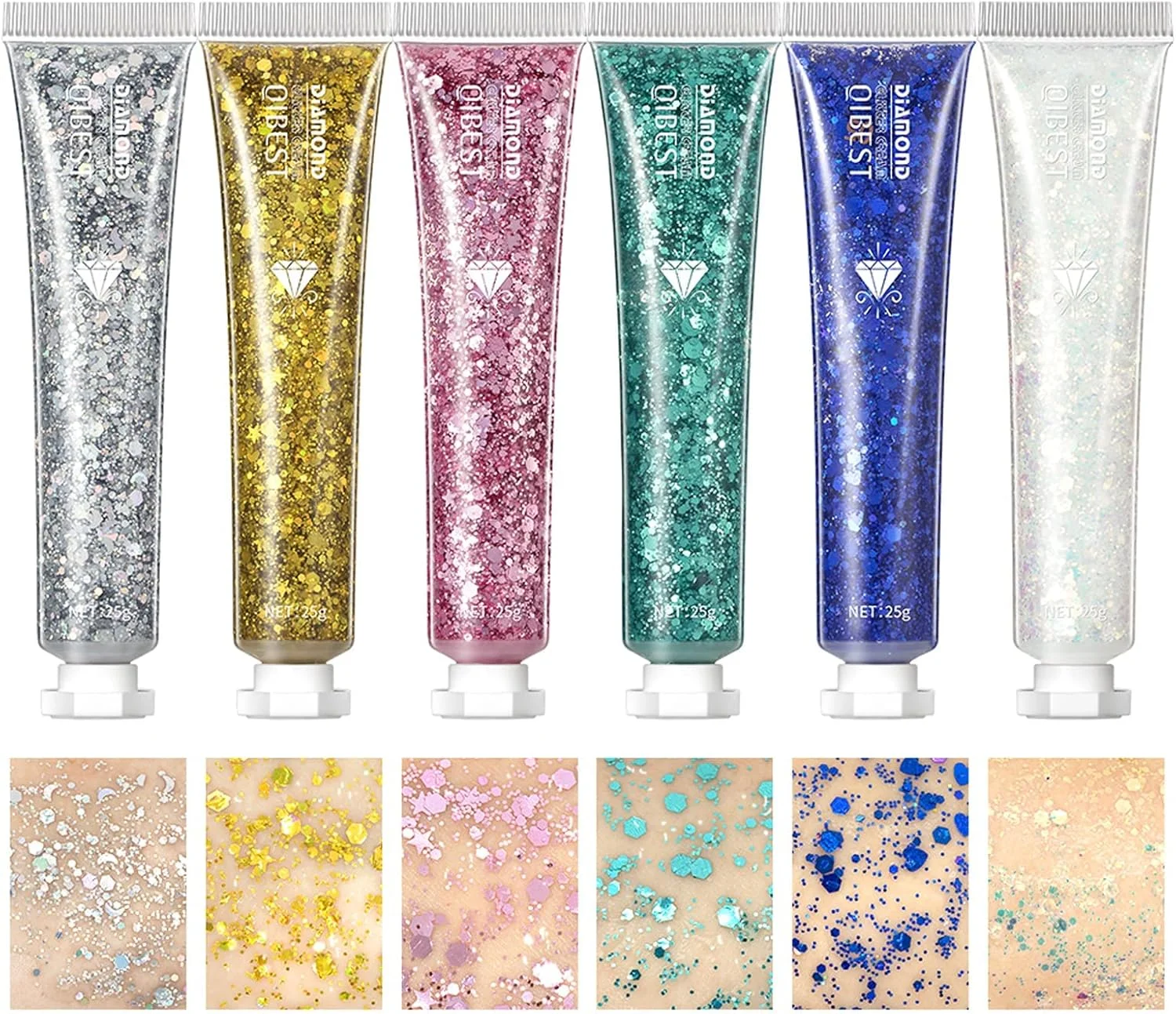 ژل اکلیلی بدن اکسفور، 6 عددی، اکلیل صورت برای بدن، صورت، چشم، مو، ناخن، آرایش اکلیلی مایع، ماندگاری طولانی، ژل اکلیلی درشت پری دریایی برای جشنواره، مهمانی هنری، هالووین