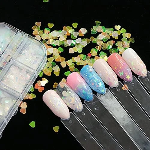 پولک ناخن 2 عددی، اکلیل هنری ناخن، پولک های درخشان فوق العاده نازک رنگین کمانی طرح قلب پروانه صورت خندان ستاره گرد برچسب های اکلیلی برای تزئین هنر ناخن