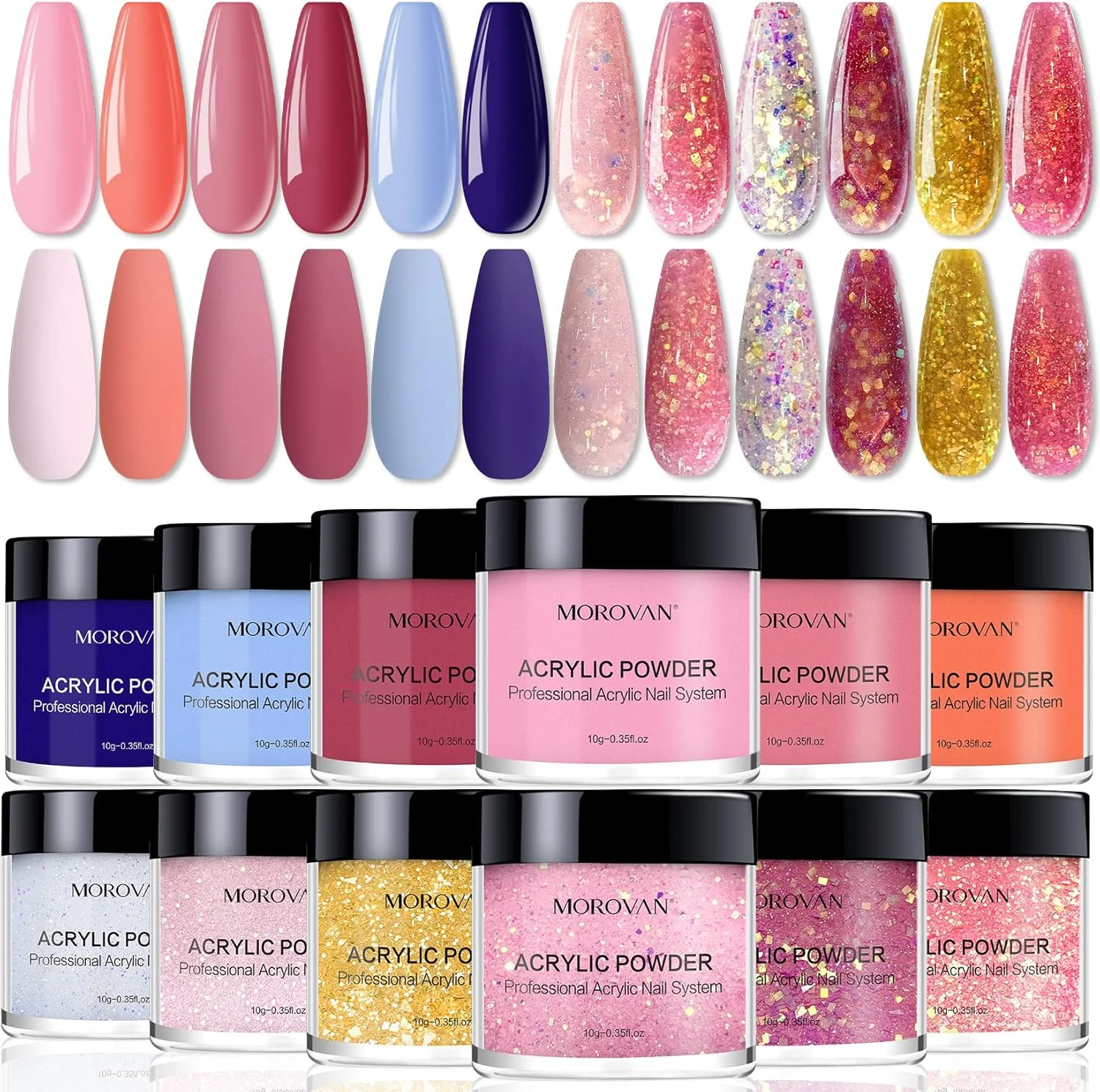 مجموعه پودر اکریلیک مورووان - 12 رنگ پودر اکریلیک رنگی پلیمری حرفه ای اکلیل دار برای طراحی و کاشت ناخن اکریلیک، اکلیل دار، صورتی کالباسی، قرمز، 10 گرم (بسته 12 عددی)