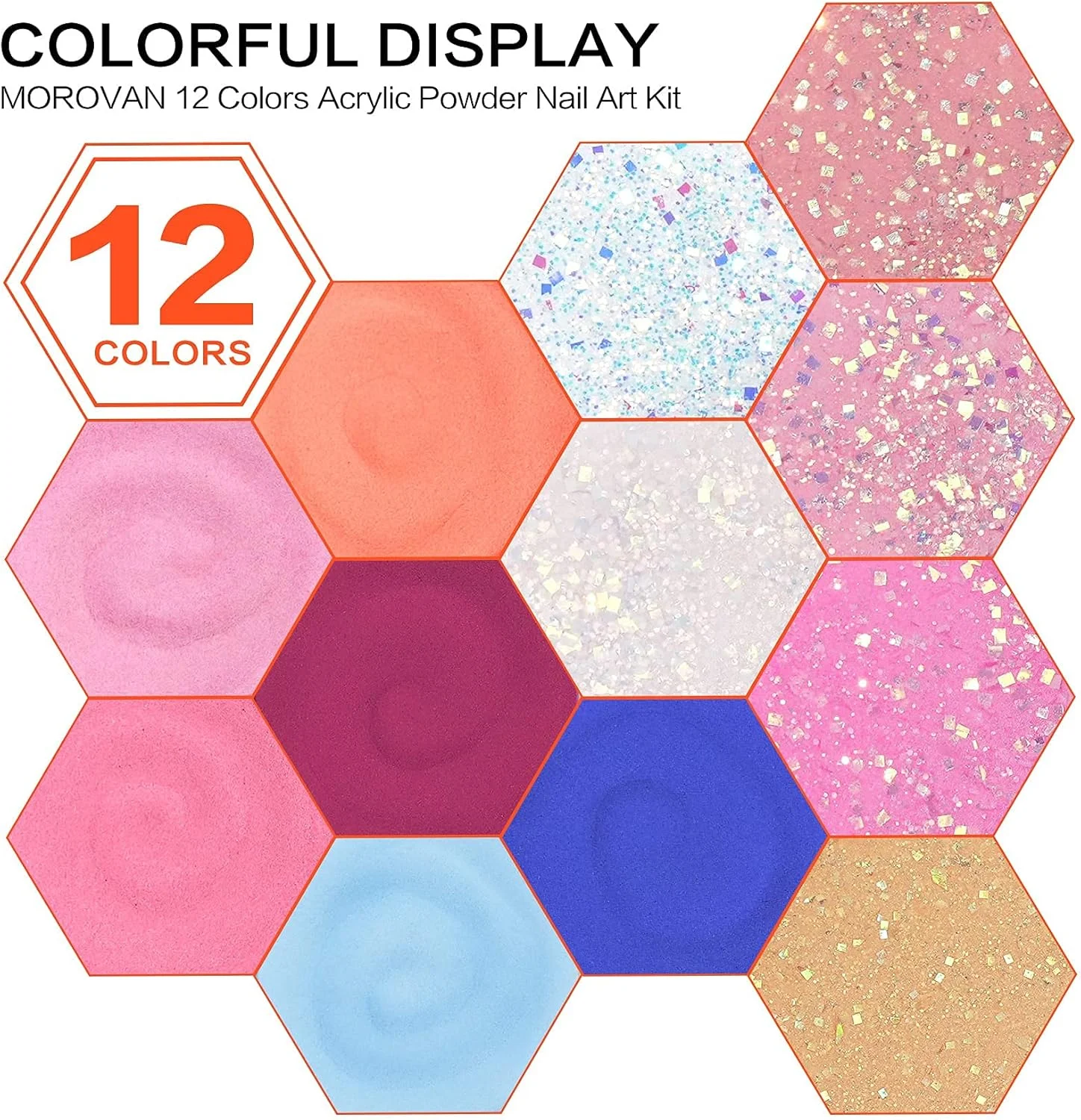 مجموعه پودر اکریلیک مورووان - 12 رنگ پودر اکریلیک رنگی پلیمری حرفه ای اکلیل دار برای طراحی و کاشت ناخن اکریلیک، اکلیل دار، صورتی کالباسی، قرمز، 10 گرم (بسته 12 عددی)
