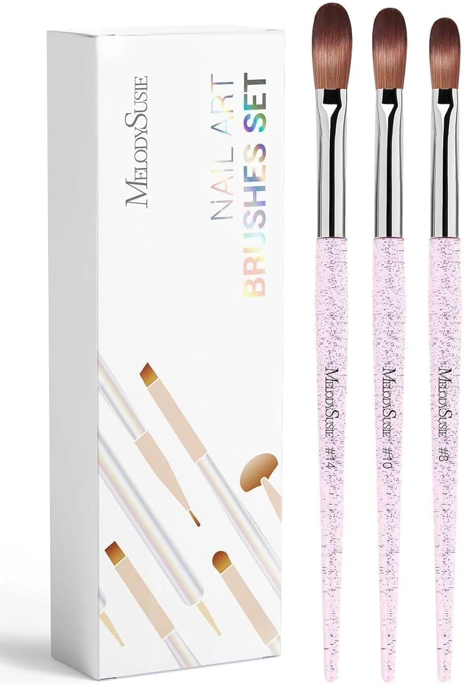 ست ۳ عددی قلم موی اکریلیک برای ناخن، قلم موی طراحی ناخن، قلم موی طراحی ناخن برای ژل ناخن، پودر اکریلیک، ژل UV، سایز 8/10/14، دسته اکلیلی صورتی، برای مانیکور DIY، ست هدیه برای زنان و مبتدیان