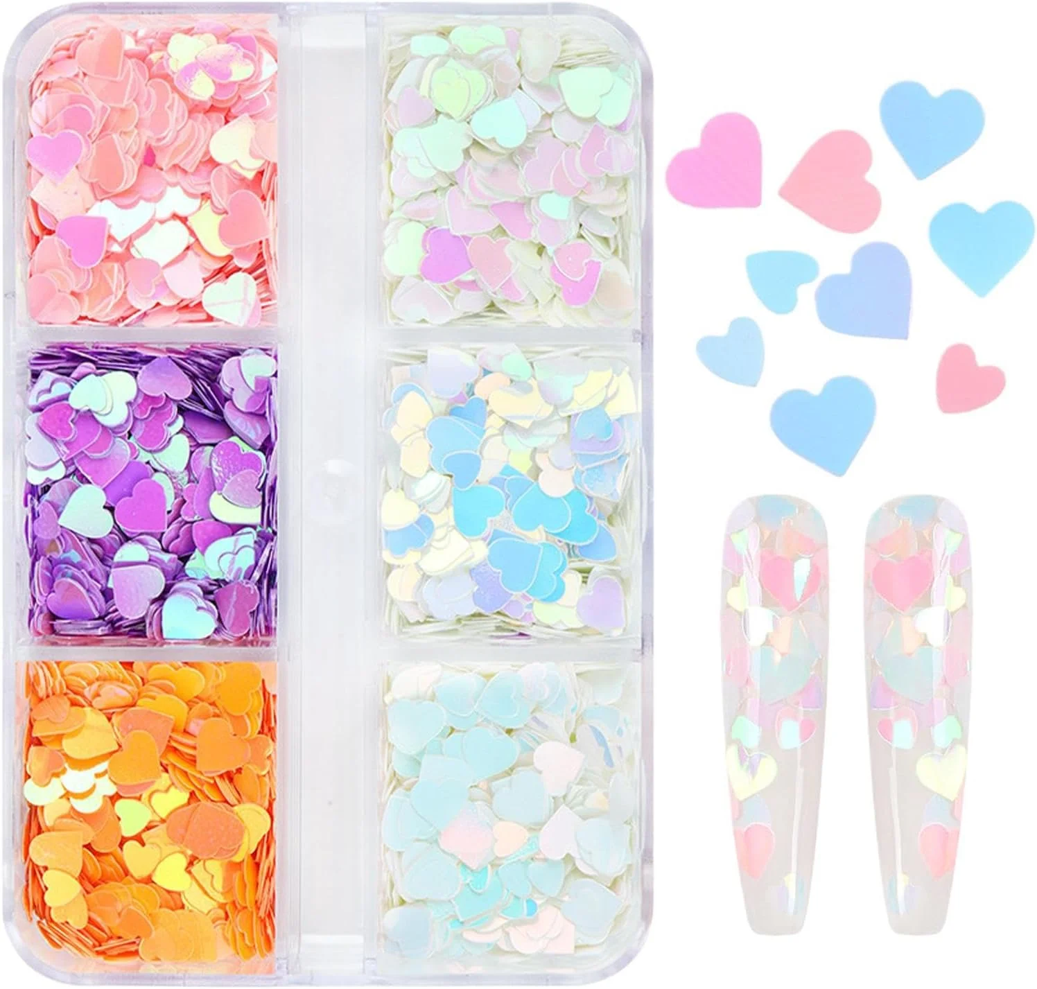 پولک ناخن | 6 رنگ اکلیل ناخن قلبی هولوگرافیک | برچسب های هنری ناخن آکریلیک ژاپنی برای زنان و دختران