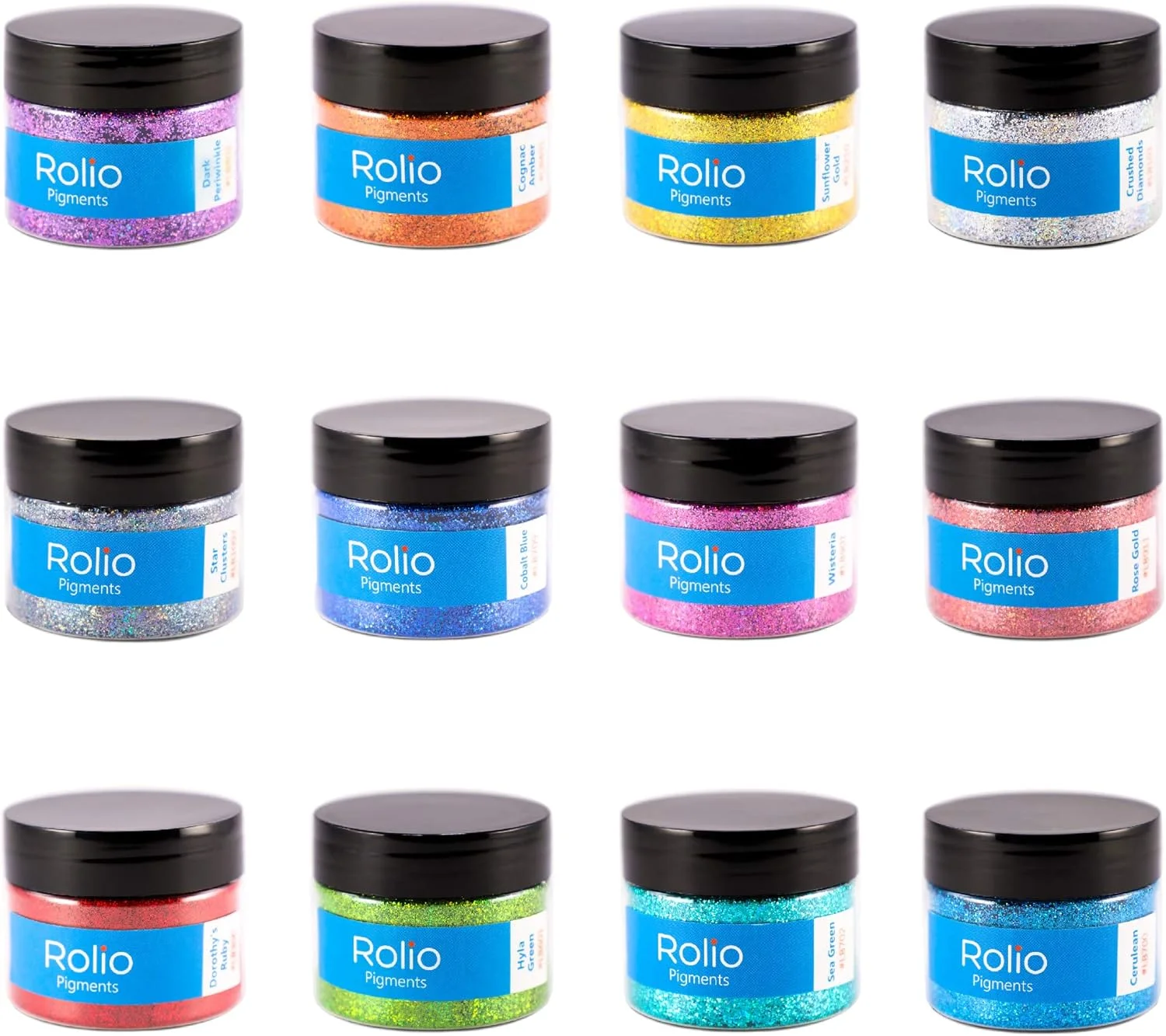 رولیو - اکلیل هولوگرافیک - مجموعه اکلیل خالص - ۱۲ شیشه اکلیل آرایشی گرید مناسب رزین، آرایش، هنر صورت و بدن، لوازم صنایع دستی، تزئین ناخن - مجموعه خالص