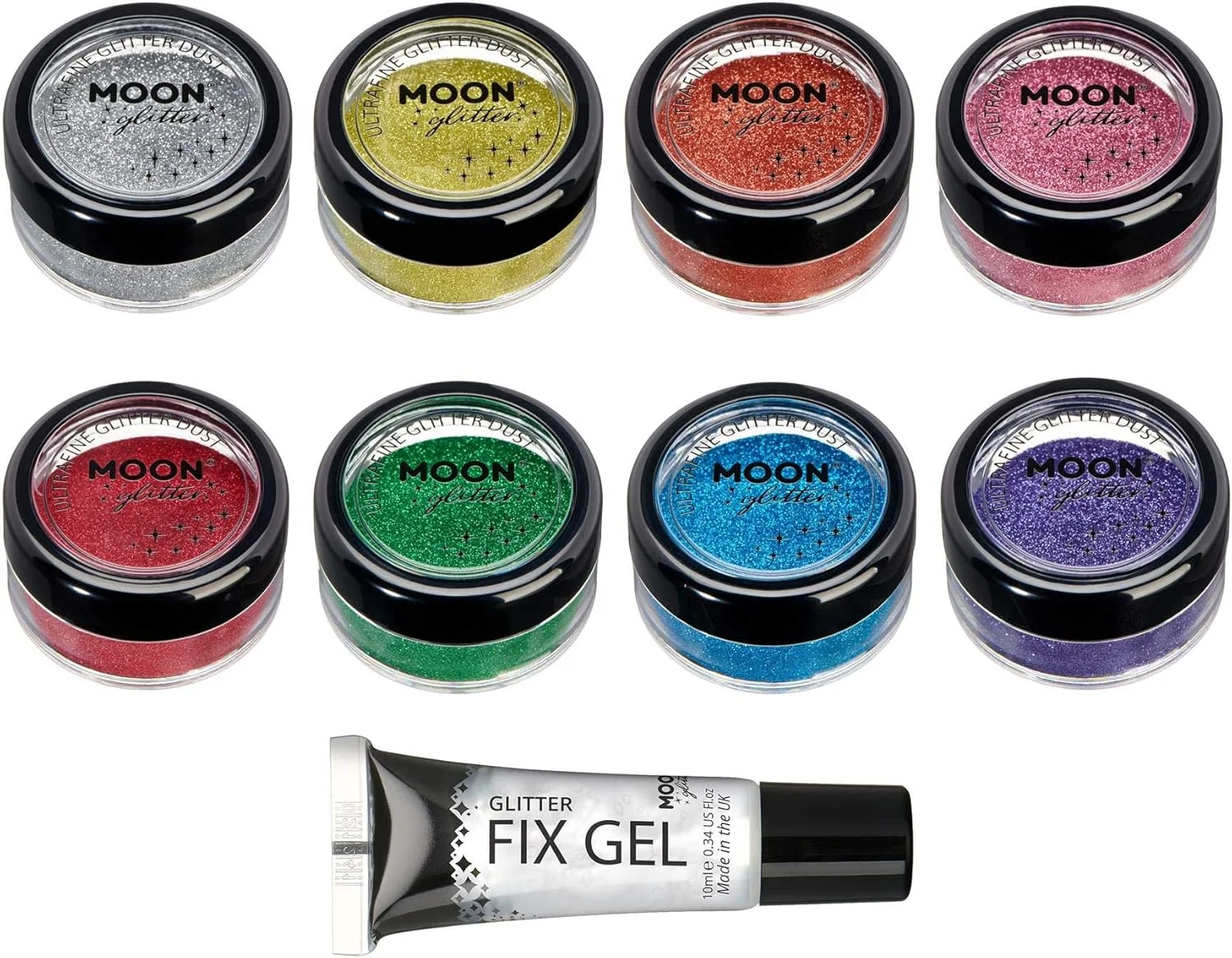 اکلیل فوق العاده ریز کلاسیک مون گلیتر - مجموعه 8 رنگ + ژل تثبیت کننده - آرایش فستیوالی برای صورت، بدن، ناخن، مو، لب - 5 گرم