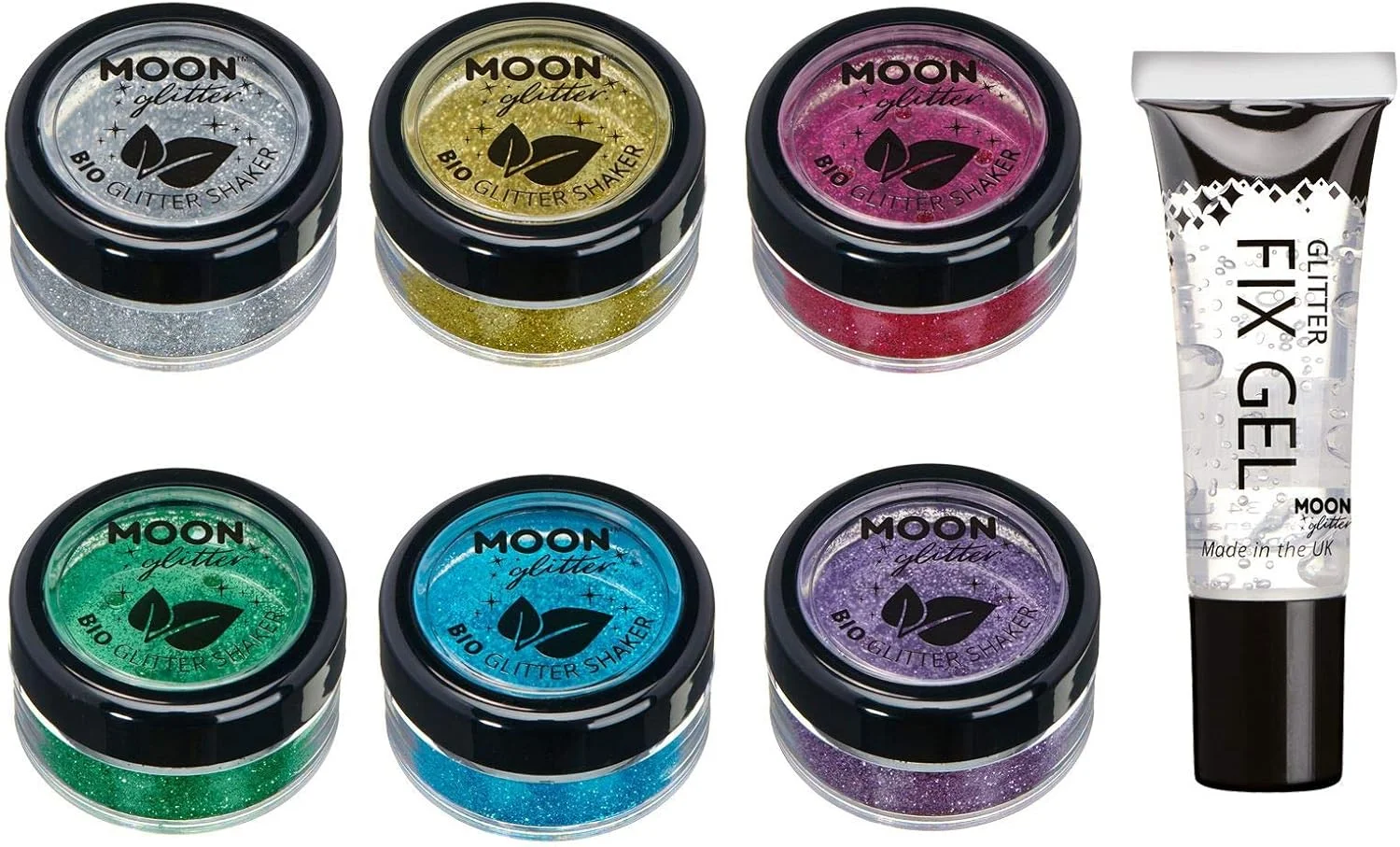 اکلیل زیستی تجزیه‌پذیر Moon Glitter - ۱۰۰٪ آرایشی زیستی برای صورت، بدن، ناخن، مو و لب - مجموعه ۶ عددی ۵ گرمی - به همراه ژل تثبیت‌کننده