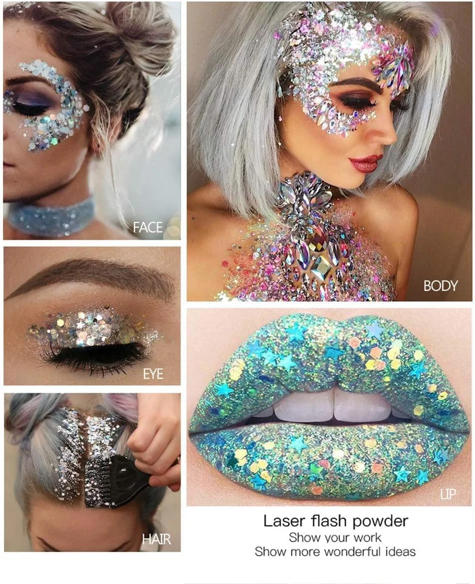 بسته دو عددی ژل اکلیلی بدن MAKINGTEC، ژل اکلیلی هولوگرافیک ماندگار برای مو، بدن، ناخن، ضد آب، آرایش اکلیلی مایع بدن در 9 رنگ برای بانوان