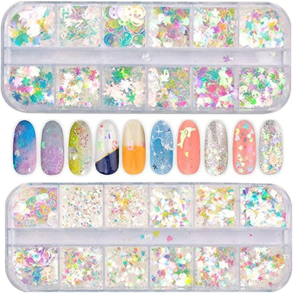 پولک ناخن هولوگرافیک، 24 مدل مختلف اکلیل ناخن، پولک، طرح های قلب، پروانه، صورتک خندان و ستاره، برچسب های براق ناخن