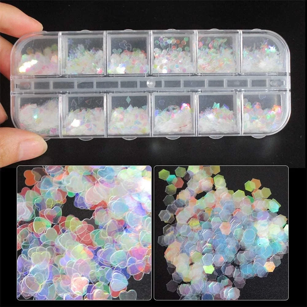 پولک ناخن هولوگرافیک، 24 مدل مختلف اکلیل ناخن، پولک، طرح های قلب، پروانه، صورتک خندان و ستاره، برچسب های براق ناخن