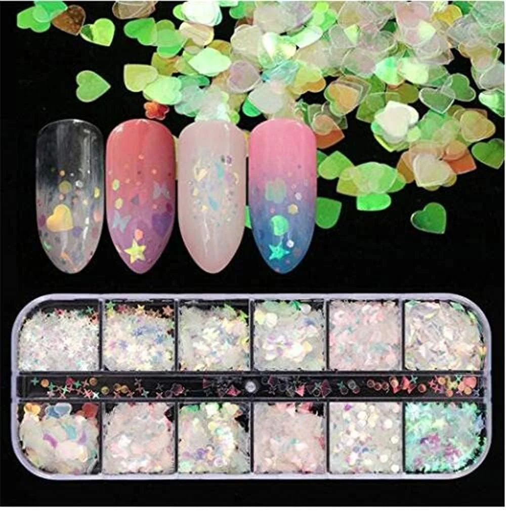 پولک ناخن هولوگرافیک، 24 مدل مختلف اکلیل ناخن، پولک، طرح های قلب، پروانه، صورتک خندان و ستاره، برچسب های براق ناخن