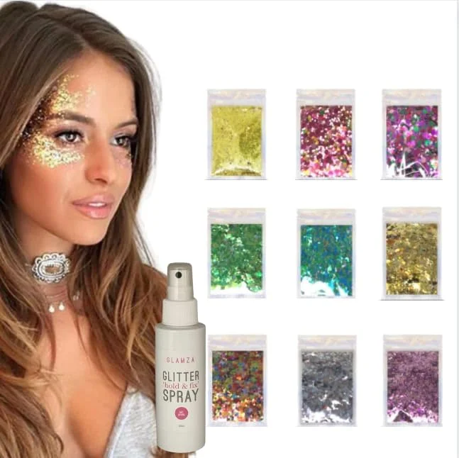 اکلیل درشت آرایشی گلمزا مناسب برای صورت، بدن و ناخن - مناسب برای جشنواره ها، شمع ها، موم های ذوب شده و موارد دیگر - 90 گرم (9 بسته 10 گرمی) به همراه اسپری تثبیت کننده