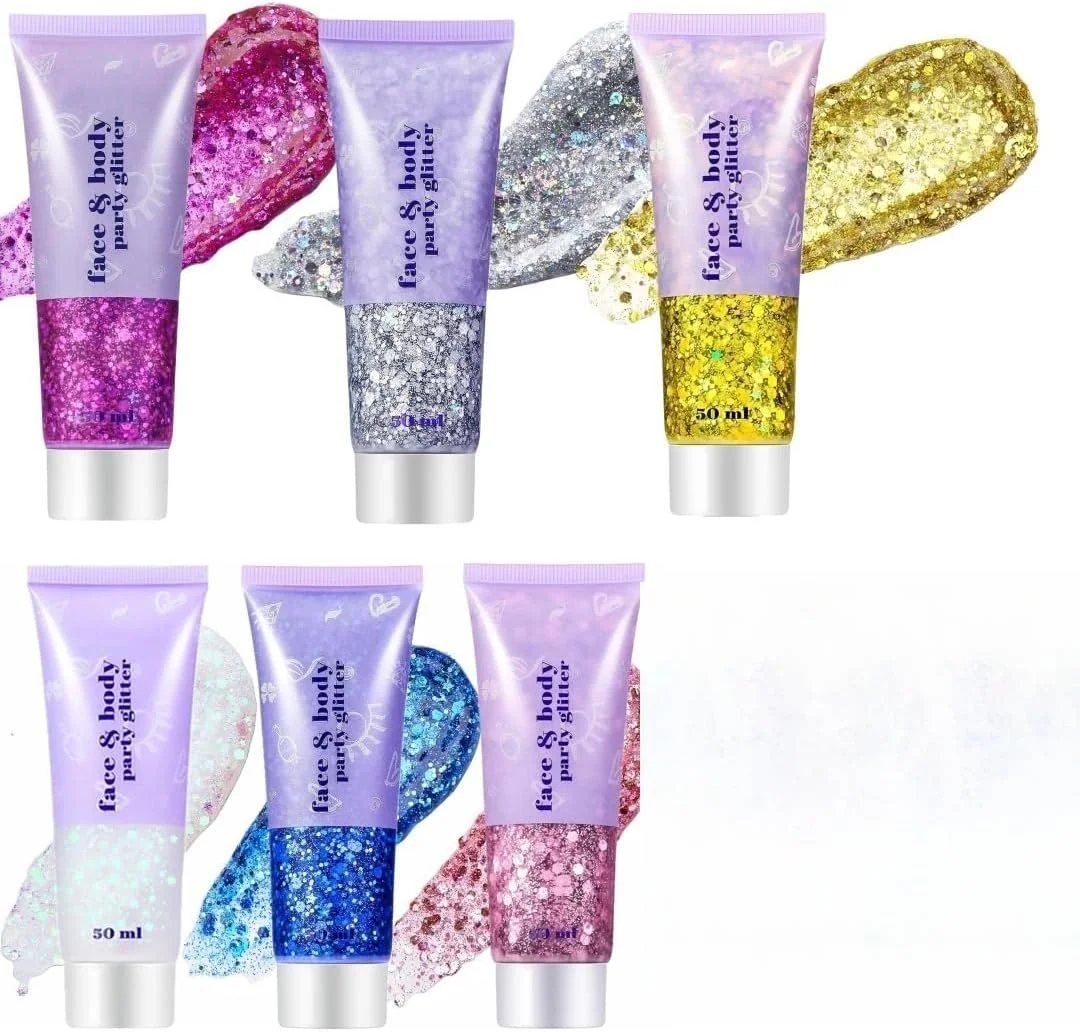 ژل اکلیلی بدن صورتی ماندگار 6 عددی - اکلیل آرایشی براق هولوگرافیک برای صورت، مو و بدن - پولک پری دریایی، آرایش اکلیلی درشت جشنواره ای برای زنان و کودکان - 50 میلی لیتر