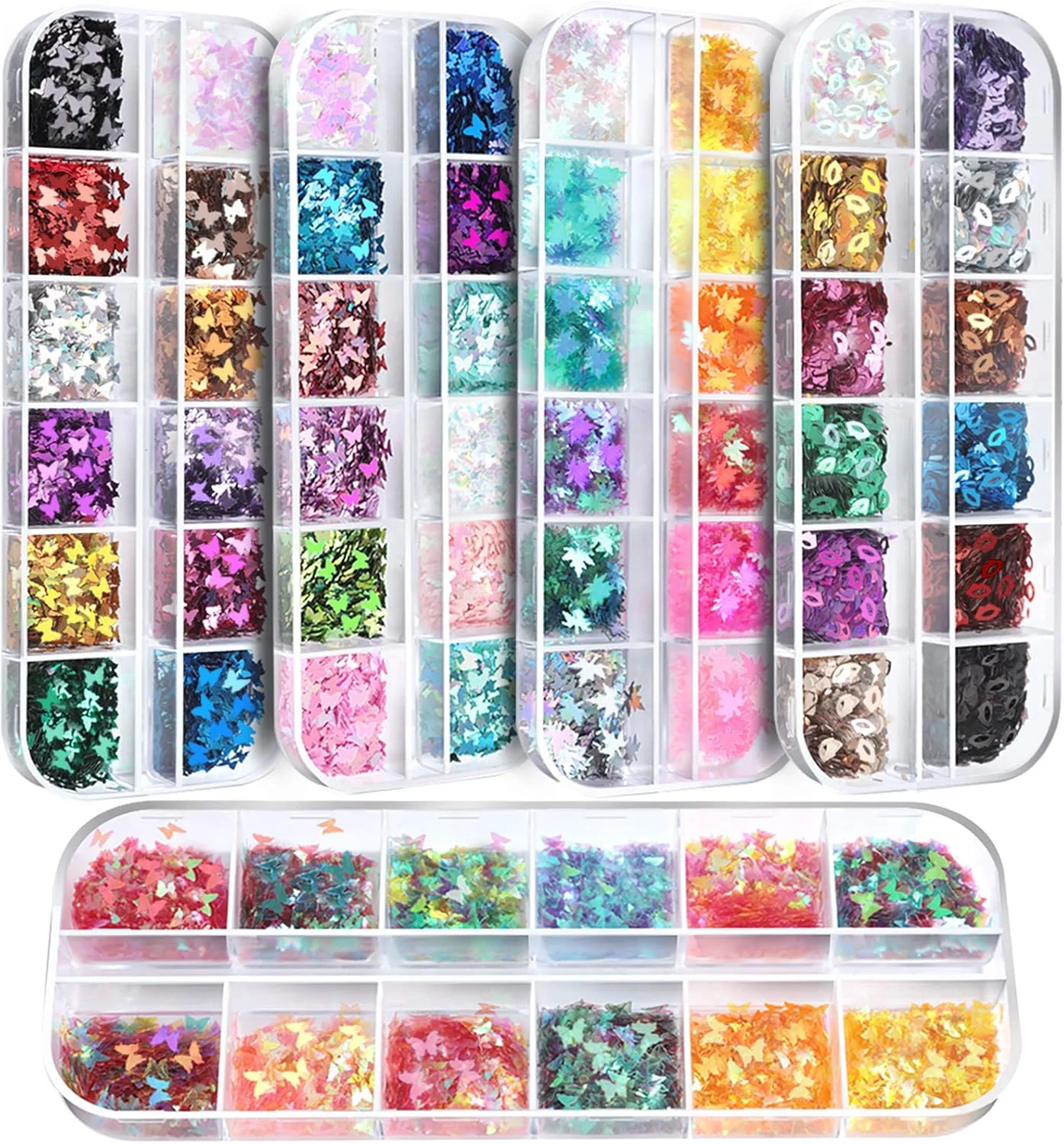 فاندامی 60 جعبه پولک اکلیلی طراحی ناخن، 36 جعبه پولک اکلیلی پروانه ای سه بعدی، 12 پولک اکلیلی طرح لب، 12 پولک پولکی برگ افرا، پولک ناخن برای DIY، آرایش، اکلیل صورت و بدن