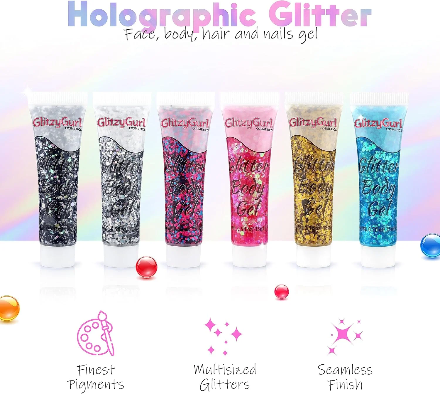 ژل اکلیلی هولوگرافیک صورت و بدن GlitzyGurl، بسته 6 عددی، اکلیل آرایشی، اکلیل بدن، اکلیل مو، ژل اکلیلی فستیوالی