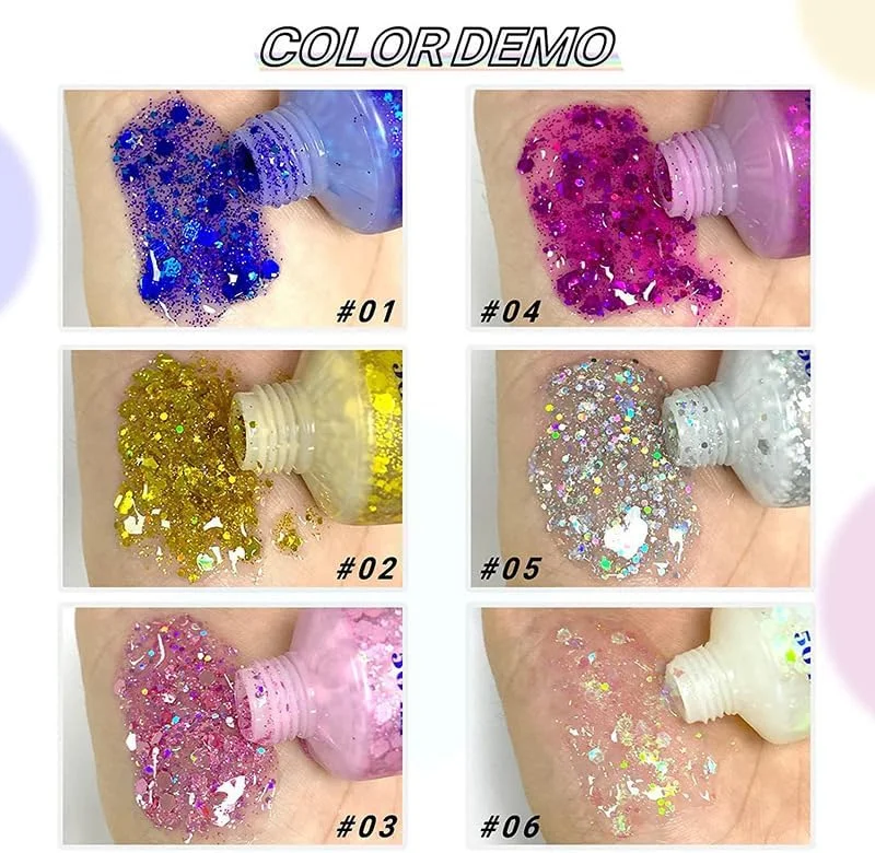 ژل اکلیلی بدن صورتی ماندگار 6 عددی - اکلیل آرایشی براق هولوگرافیک برای صورت، مو و بدن - پولک پری دریایی، آرایش اکلیلی درشت جشنواره ای برای زنان و کودکان - 50 میلی لیتر