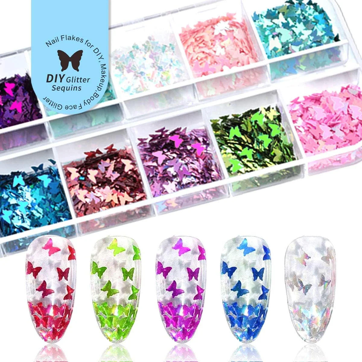 فاندامی 60 جعبه پولک اکلیلی طراحی ناخن، 36 جعبه پولک اکلیلی پروانه ای سه بعدی، 12 پولک اکلیلی طرح لب، 12 پولک پولکی برگ افرا، پولک ناخن برای DIY، آرایش، اکلیل صورت و بدن