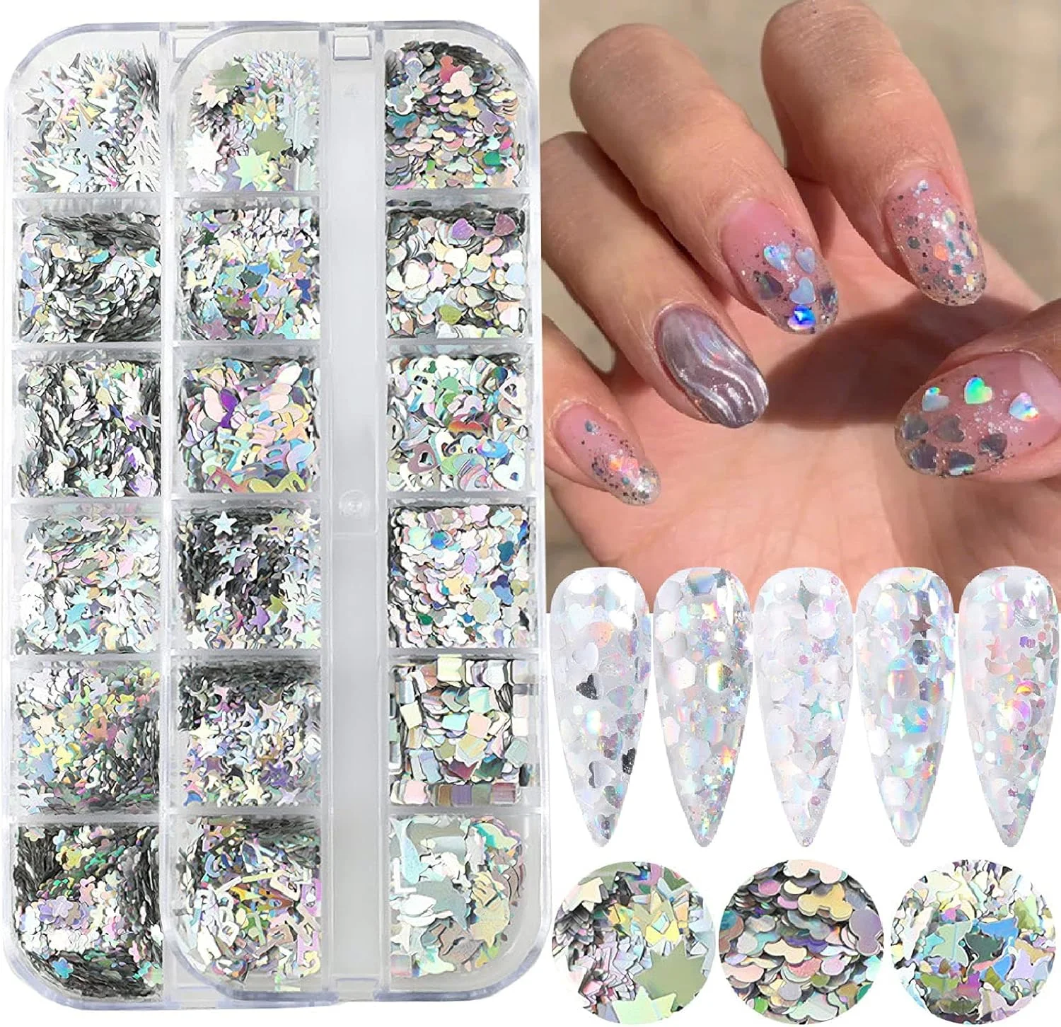 پولک های اکلیلی طراحی ناخن هولوگرافیک، پولک های لوازم طراحی ناخن، 24 شبکه برچسب نقره ای لیزری برای تزئین ناخن های اکریلیک، DIY، کاردستی، آرایش، مانیکور بدن