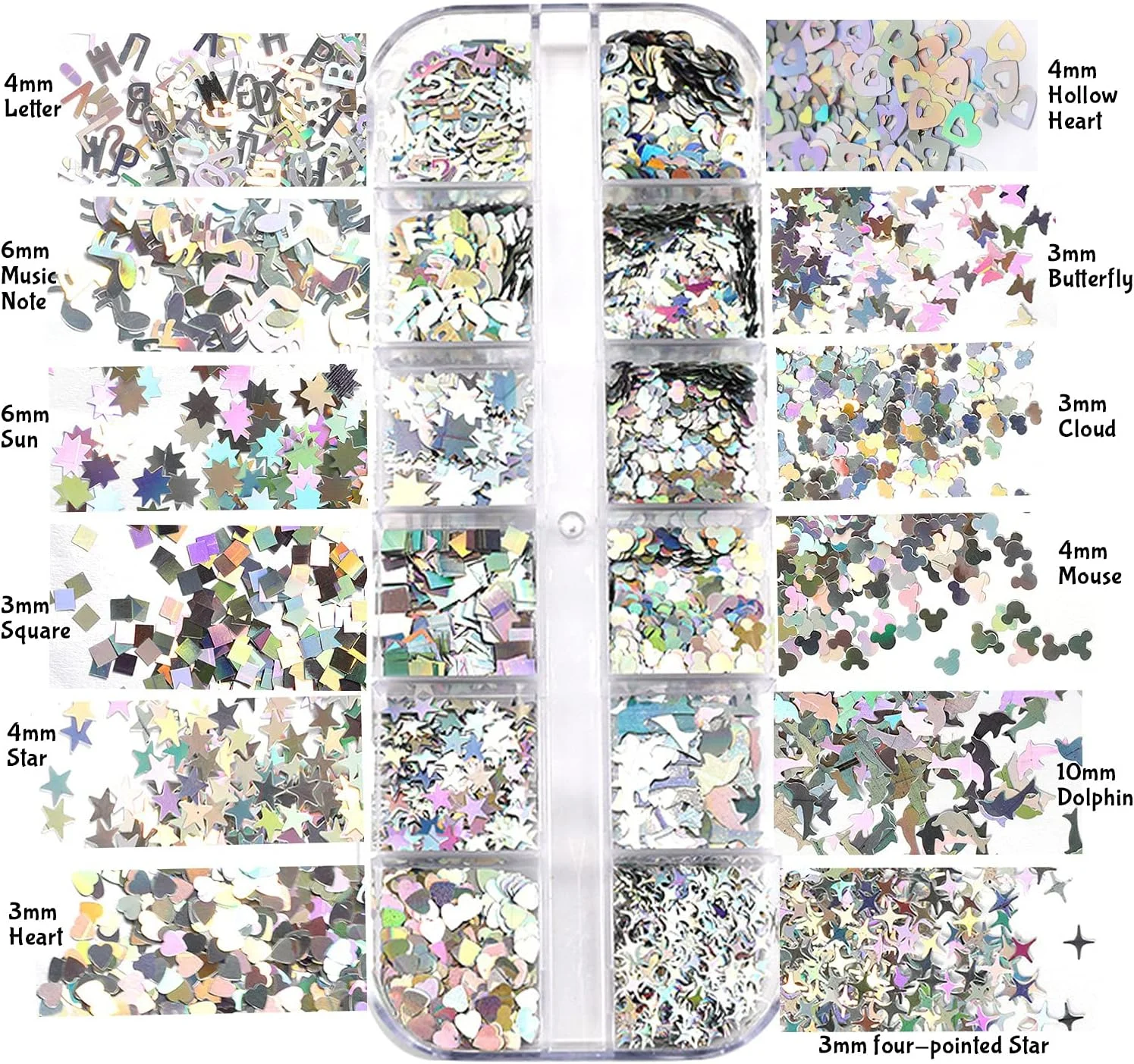 پولک های اکلیلی طراحی ناخن هولوگرافیک، پولک های لوازم طراحی ناخن، 24 شبکه برچسب نقره ای لیزری برای تزئین ناخن های اکریلیک، DIY، کاردستی، آرایش، مانیکور بدن