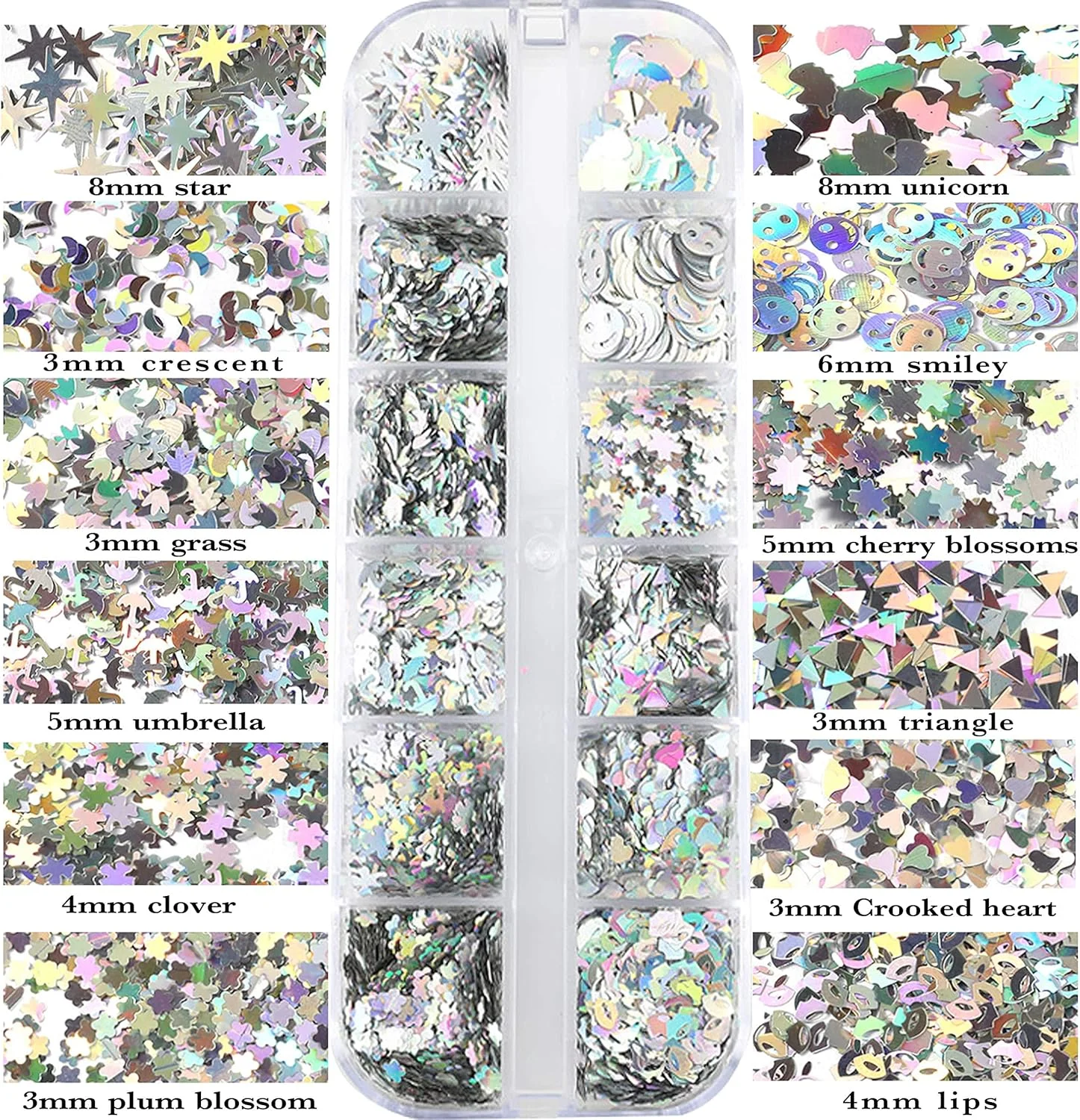 پولک های اکلیلی طراحی ناخن هولوگرافیک، پولک های لوازم طراحی ناخن، 24 شبکه برچسب نقره ای لیزری برای تزئین ناخن های اکریلیک، DIY، کاردستی، آرایش، مانیکور بدن