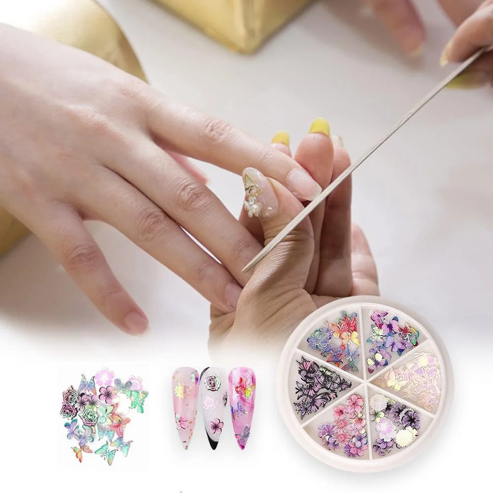 نگین ناخن طرح پروانه، اکریلیک، براق، پولک های رنگارنگ پروانه ای، 6 شبکه پالت مخلوط، برچسب های تزئینی ناخن DIY، زیورآلات مانیکور